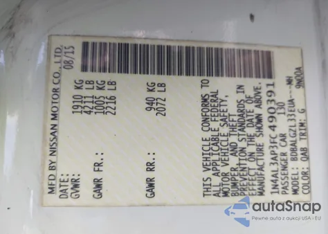 2015 Nissan Altima 2.5 S from USA, damaged, VIN 1N4AL3AP3FC490391